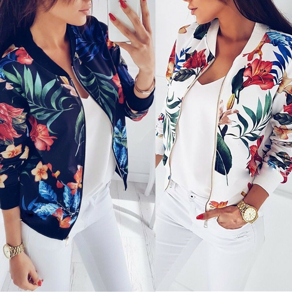 Womens Retro Floral Printing Tops Zipper Up Bomber Jacket Casual Coat Outwear