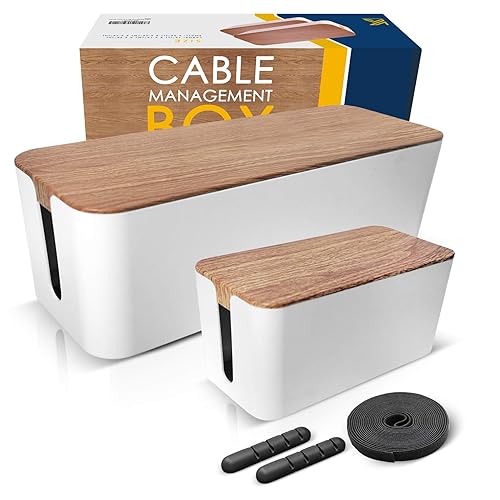USB Hub and Under Desk Power Strip Wooden Style Cord Organizer Box and Cover for TV Wires Safe ABS Material and Baby-Pets Proof Lock 2 Pack Large Cable Management Box Computer Router