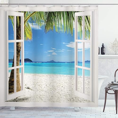Ambesonne Turquoise Shower Curtain, Fabric Beach Themed Shower Curtain