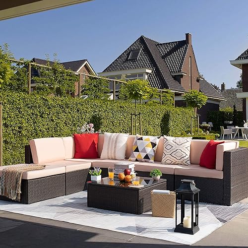 Kaimeng 7 Piece Lawn Garden Outdoor Patio Furniture Sets Black Brown Ratten Wicker Sectional Sofa Conversation Set With Seat Cushions In Stan B07nj3hg7w - Brown Patio Furniture With Black Cushions