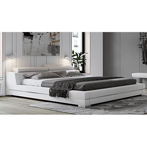 Hera Genuine White Leather Platform Bed, White Leather Queen Beds