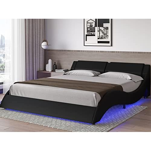 Upholstered Modern Led Bed Frame, Queen Size Platform Bed With Led Lights
