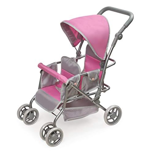 Badger Basket Double Doll Stroller - Pram for Baby Doll with Adjustable Seats & Storage Basket - Fits Doll Up to 20 Inches - Best for Toddler and Kid Pretend Play Ages 3 and Up - PinkGrey