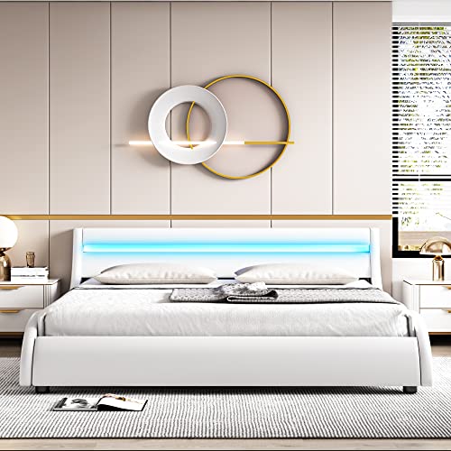 Modern Upholstered Platform Bed Frame, Queen Size Bed With Led Lights