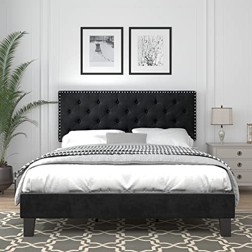 Queen Size Bed Frame With, Gray Tufted Velvet Headboard Queen Size Bed Frame