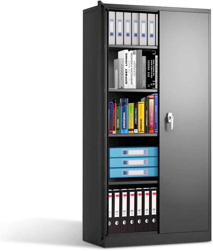 Black Tall Metal Storage Cabinet, Tall Storage Cabinets With Doors And Shelves For Garage