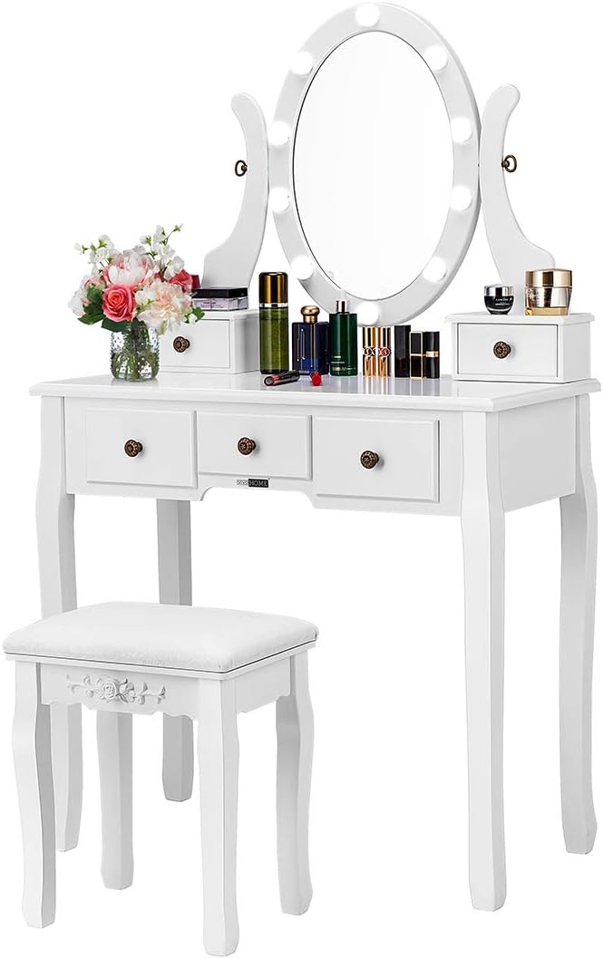 Vivohome Makeup Vanity Set With 10, Lighted Vanity Set With Stool