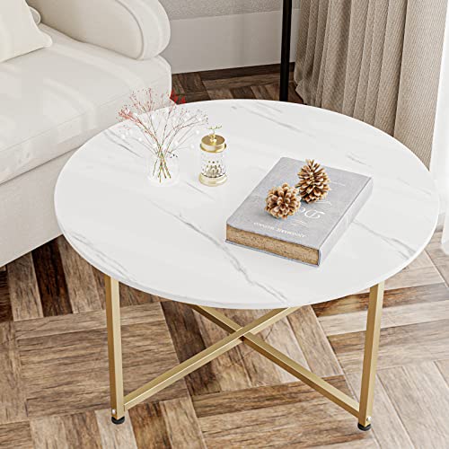 36 Inch White Faux Marble Coffee Table, Round White Accent Tables For Living Room