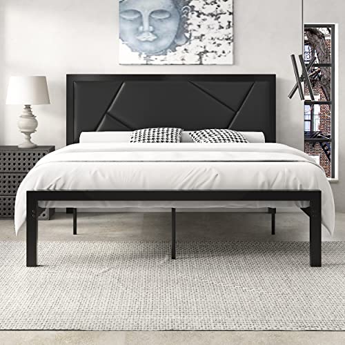 Grain Leather Headboard Platform Bed, Black King Bed Frame With Storage And Headboard
