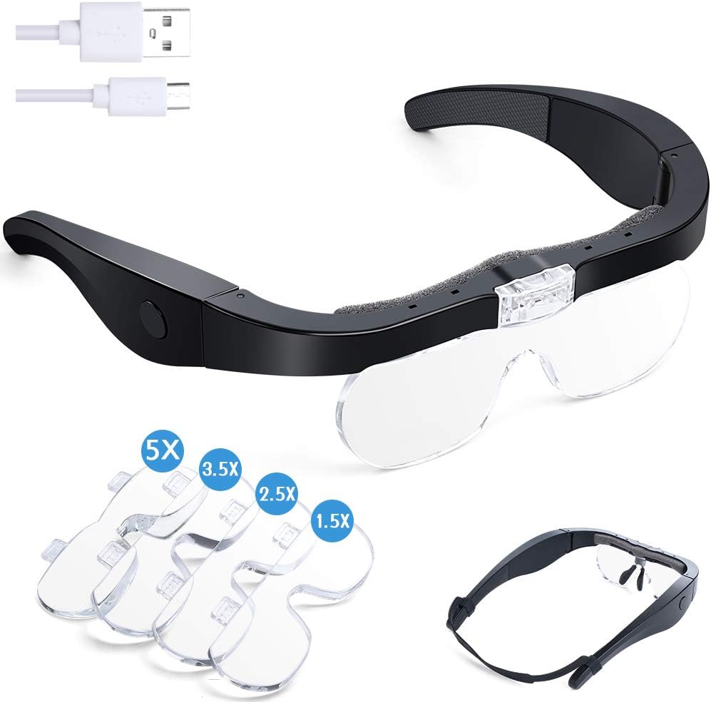 YOCTOSUN Rechargeable Head Magnifier Glasses Hands Free Head Mount Magnifier with 3 Detachable Lenses and 2 LED Lights Great Magnifying Glasses for Reading and Hobby
