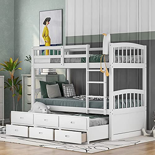 Coodenkey Twin Over Bunk Bed, White Twin Bookcase Bed With 3 Drawers And Trundle