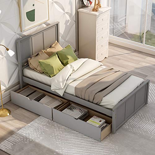 Softsea Storage Bed Platform With 2, Wooden Slat Twin Bed Frame With Storage