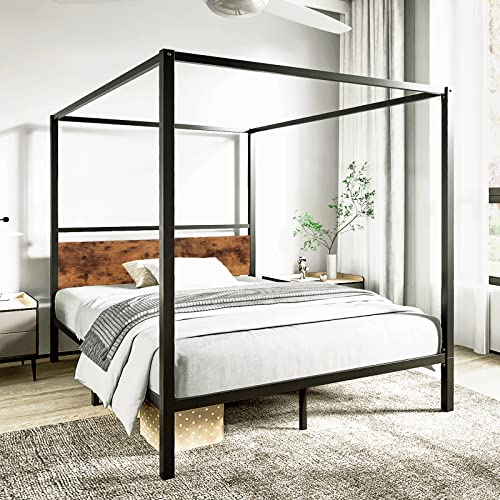 Metal Canopy Bed Frame, Dark Wood Headboard Full Size