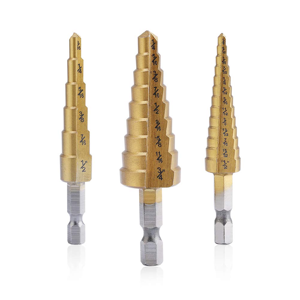 3 pcs Titanium Coated Step Drill Bits Drilling Power Tools for Metal With Pouch