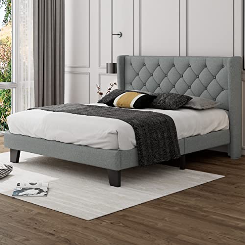 Ipormis Queen Bed Frame With, Light Gray Padded Headboard