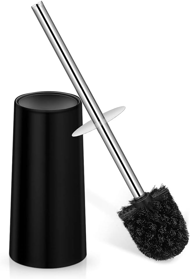 Toilet Brush with Holder Toilet Brush Toilet Bowl Brush with Stainless Steel Handle Durable Bristles Deep Cleaning Compact Bathroom Brush Save Space Good Grip Anti-Drip Black