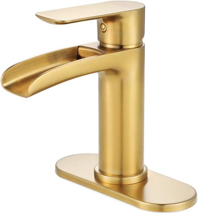 Newater Brushed Gold Waterfall Spout Brass Bathroom Faucet Single Handle Sink 1 Or 3 Hole Vanity Lavatory Faucets With Basin Mixer Tap Deck Plate Supply Lines In Stan B07pjfh8j4 - Bathroom Vanity Faucet Supply Line