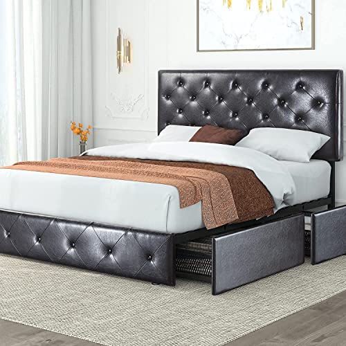 Hoomic Queen Faux Leather, Leather Tufted Bed Queen