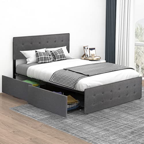 Queen Bed Frame With 4 Storage Drawers, Upholstered King Bed Frames With Storage Drawers