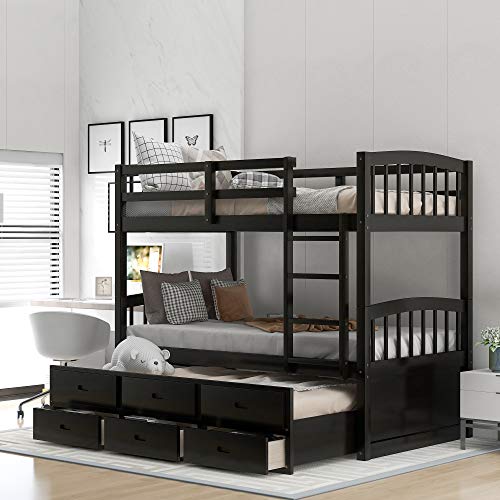 Merax Solid Wood Bunk Bed With Trundle, Black Twin Loft Bed With Storage