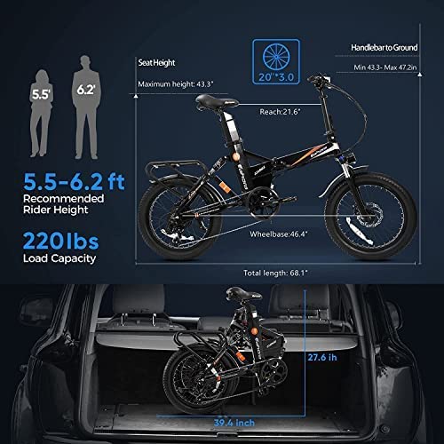 eAhora X5 Plus 4.0 Fat Tire Folding Electric Bicycle 20 Inch 500W Electric Bikes for Adults 48V 10.4Ah Beach Snow Commute Electric Bike Lithium Battery Smart E-PAS Power Recharge System 8 Speed
