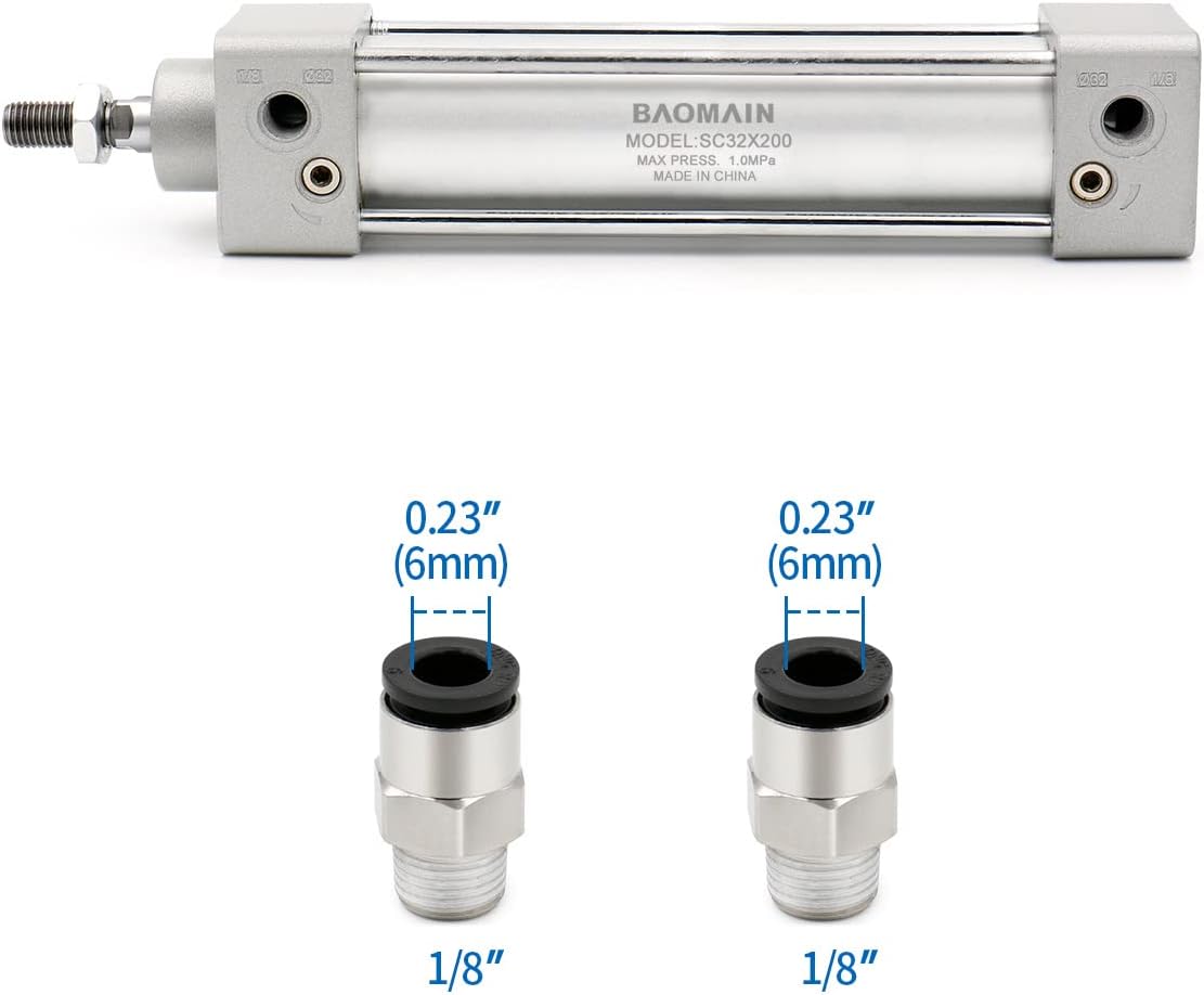 Stroke: 5 inch Screwed Piston Rod Dual Action 1 Mpa with Y Connector and 2PCS 6mm Fitting Baomain Pneumatic Air Cylinder SC 32 x 125 PT 1/8 Bore: 1 1/4 inch