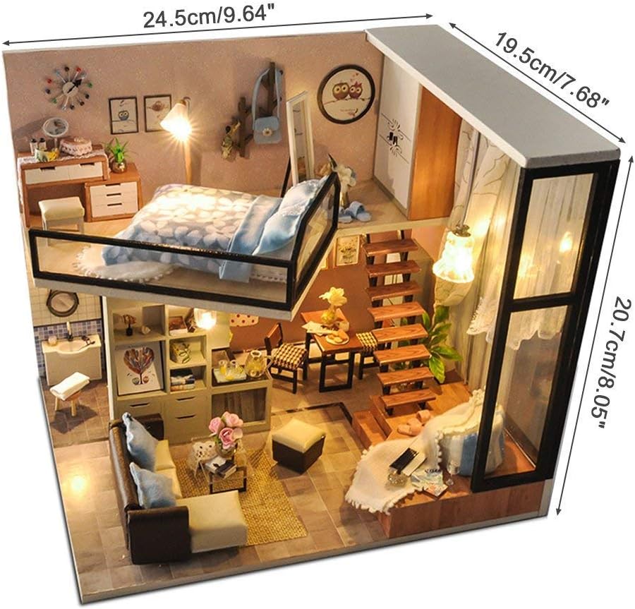 KISSTAKER Dollhouse Miniature Kit-Mini DIY Wooden Loft House with Furniture,Dust-Proof Cover,Music Movement,Assemble Tool,1:24 Scale for Teens Adults