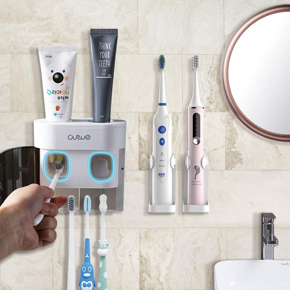 2 Automatic Toothpaste Dispenser and 4 Cups 5 Toothbrush Slots Toothbrush Holder Multifunctional Wall-Mounted Space-Saving Toothbrush and Toothpaste Squeezer Kit with Dustproof Cover Blue
