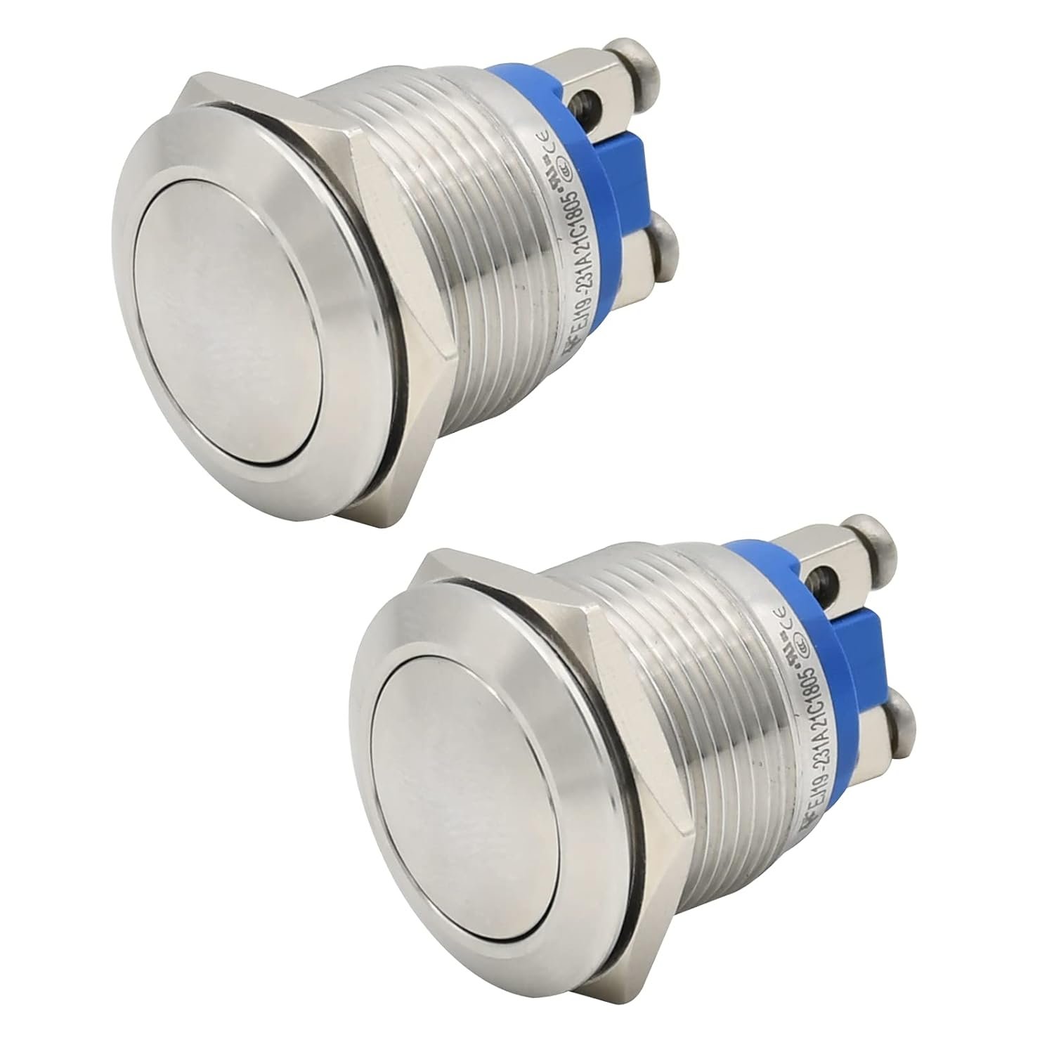Stainless Steel Push Button Flat Ø19mm Bell LED Cold White IP65 2,8x0 5mm Pins 250V 