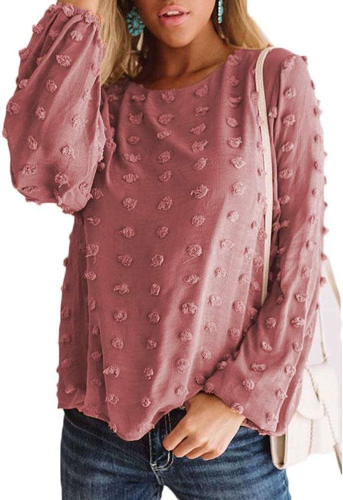 Womens Chiffon Blouse Swiss Dot Casual Round Neck Long Sleeve Pom Pom Shirts Back Keyhole Tops