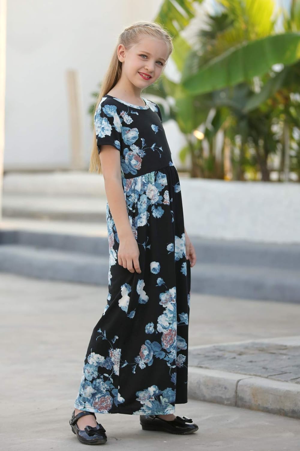 GORLYA Girls Short Sleeve Floral Print Loose Casual Holiday Long Maxi Dress with Pockets 4-12 Years 