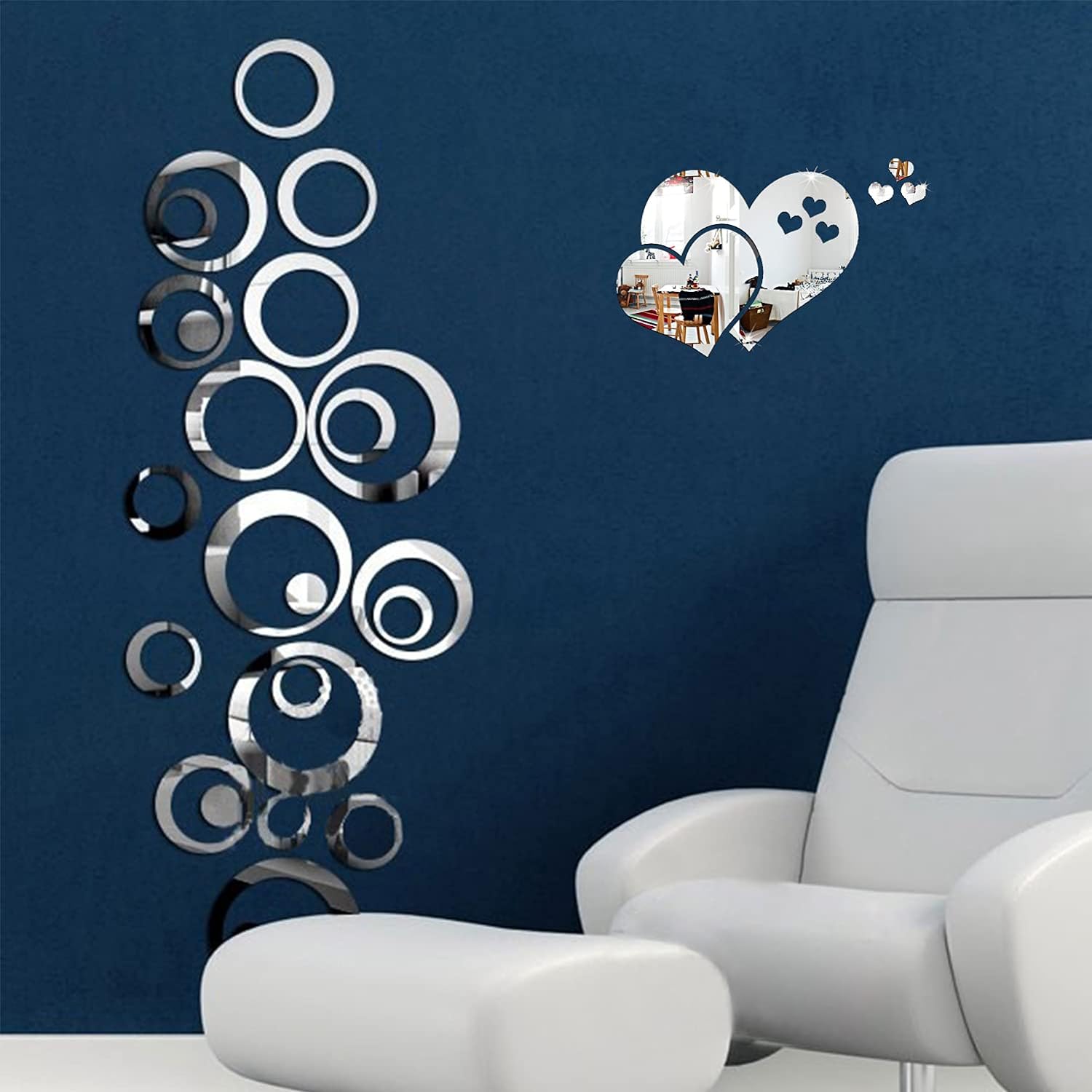 ELANE 29PCS DIY Mirror Wall Decals,Including 24PCS Circle Mirror Wall Sticker Wall Decoration and 5 PCS Heart Removable Self Adhesive Mirror Decal for Home Decoration Office Living Room Bedroom