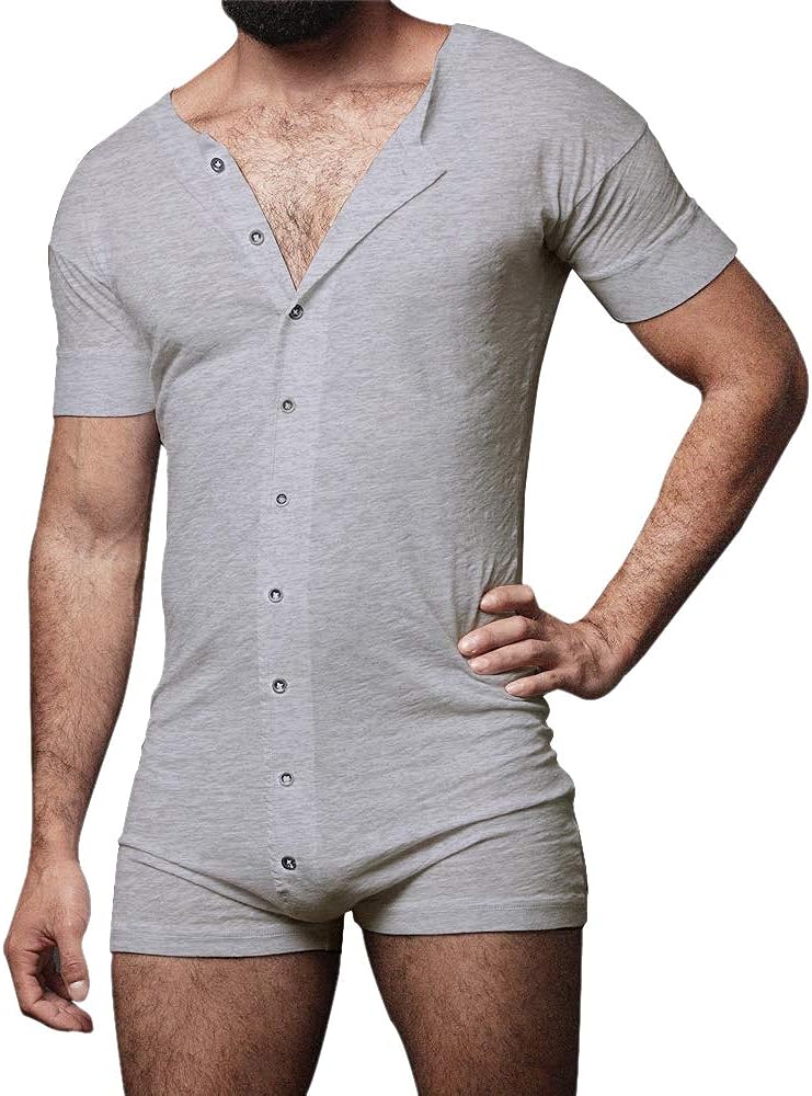 GYMAPE Mens Short Sleeve Onesie Henley Jumpsuit Pajamas Stretchy Cotton One Piece Garment
