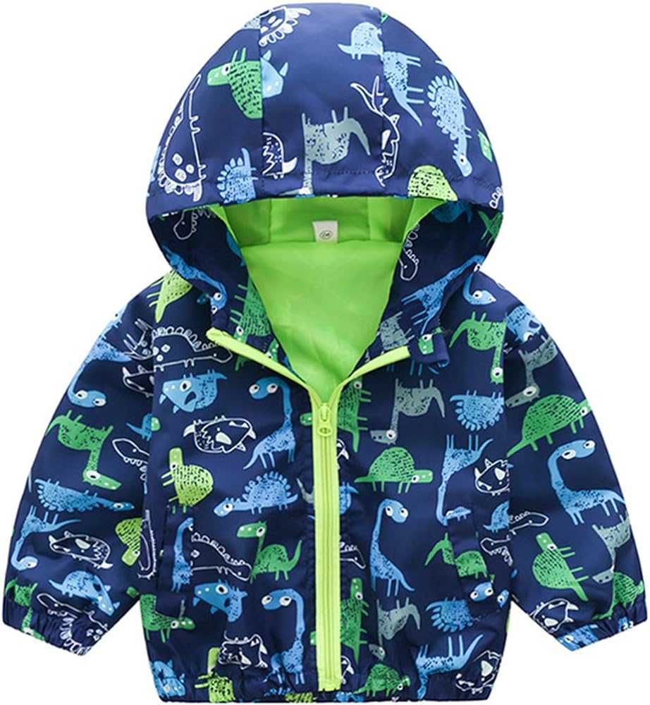 KISBINI Boy's Cartoon Dinosaur Print Zip Jacket Hooded Outwear Lightweight Windbreaker Coat for Kids