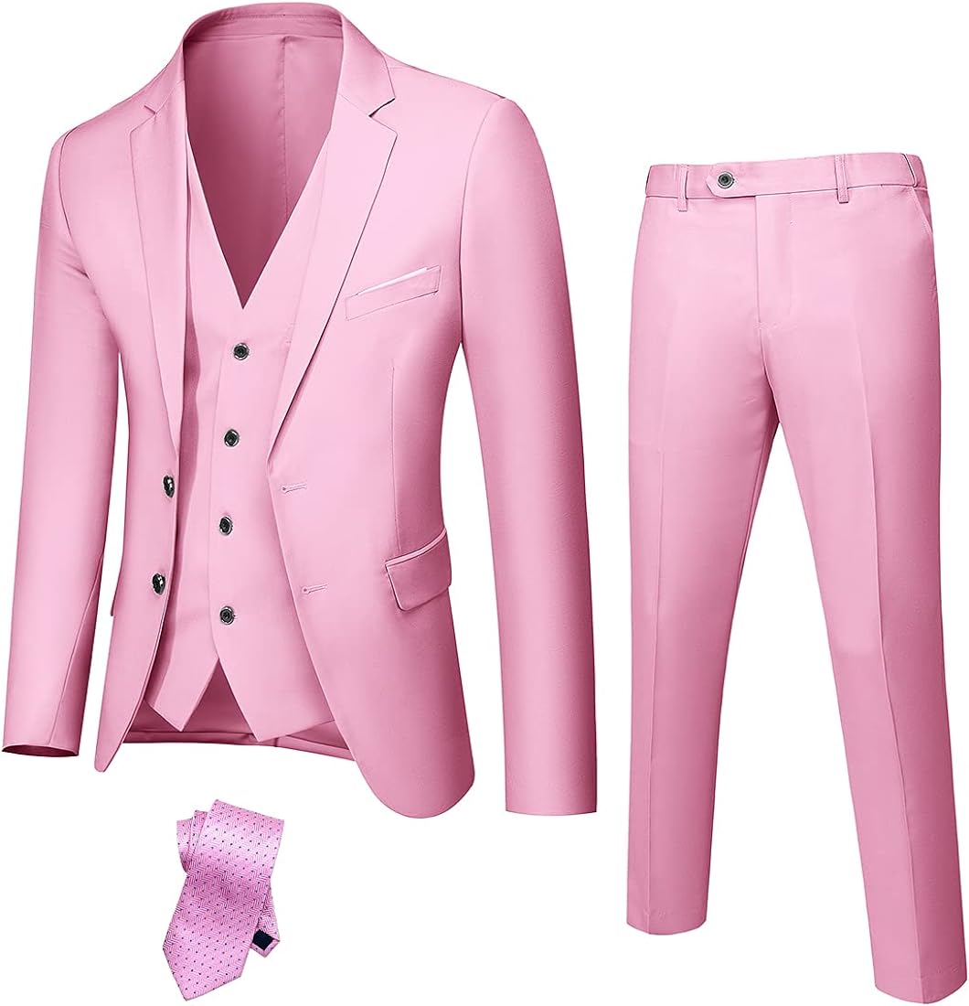 YND Men's Slim Fit 2 Button 3 Piece Suit Set Solid Blazer Jacket Vest Pants & Tie