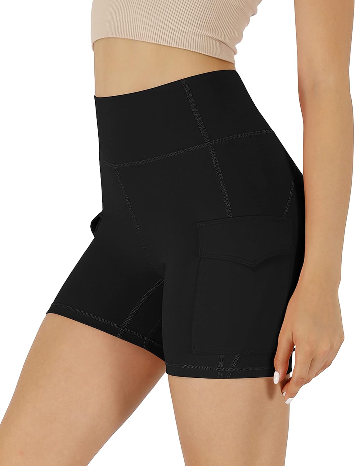 ODODOS Womens High Waisted 5 Cargo Pocket Biker Shorts Non See Through Athletic Workout Yoga Running Shorts