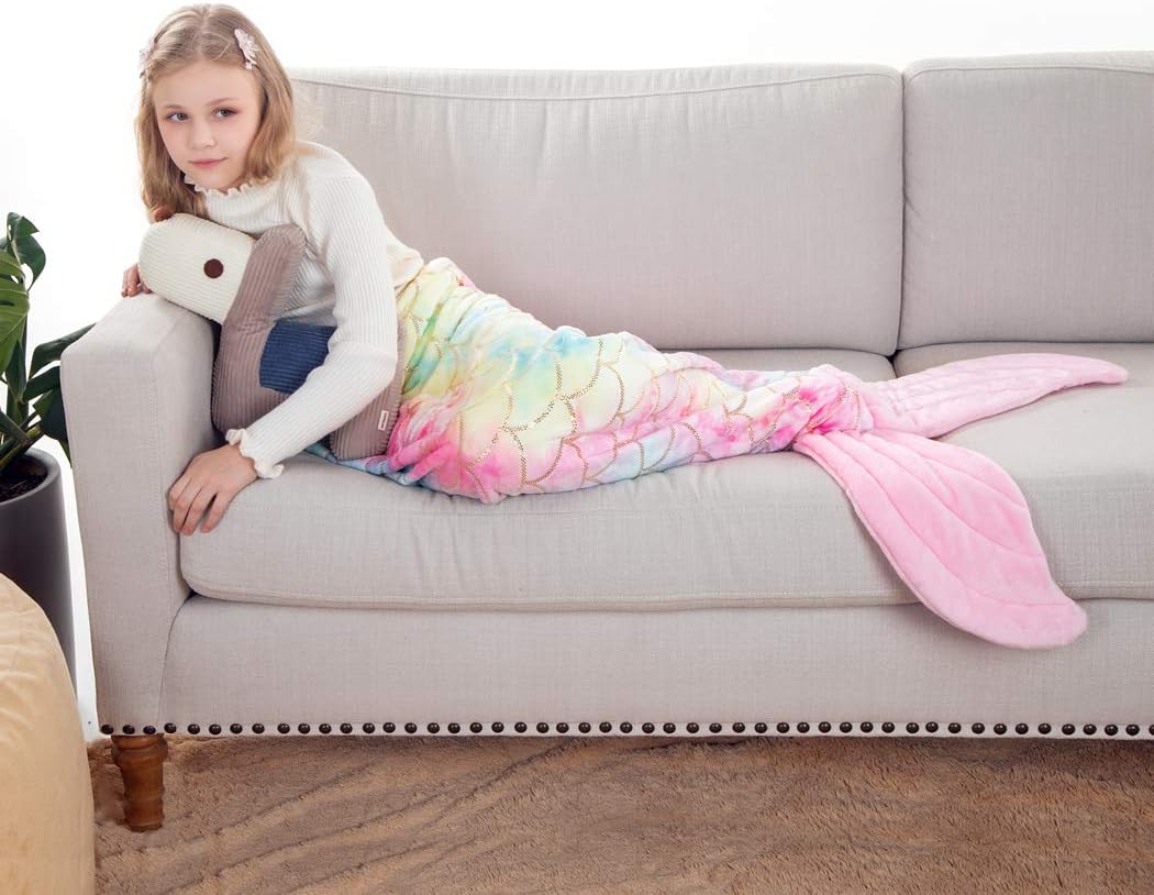 Warm and Soft Cozy Mermaid Tail Living Room Blanket Sofa Throw Couch Sleeping Bag for Kids Adult Teens Pink
