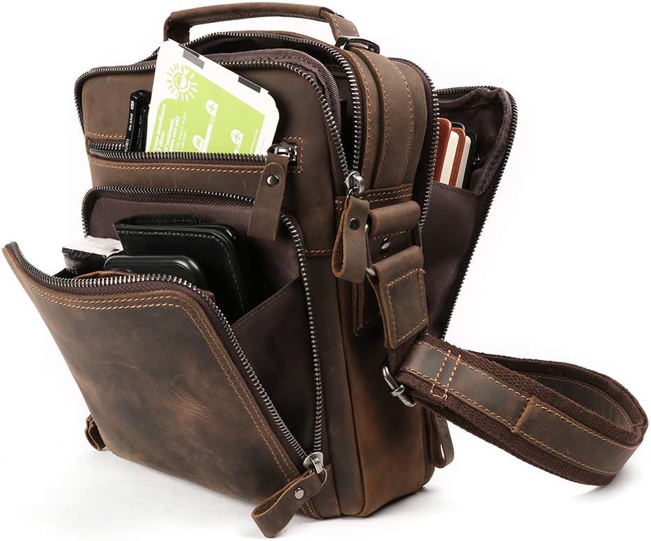 Mens Leather Briefcase Litchi Grain Leather Tote Shoulder Messenger Multifunction Bag Computer Bag,Brown