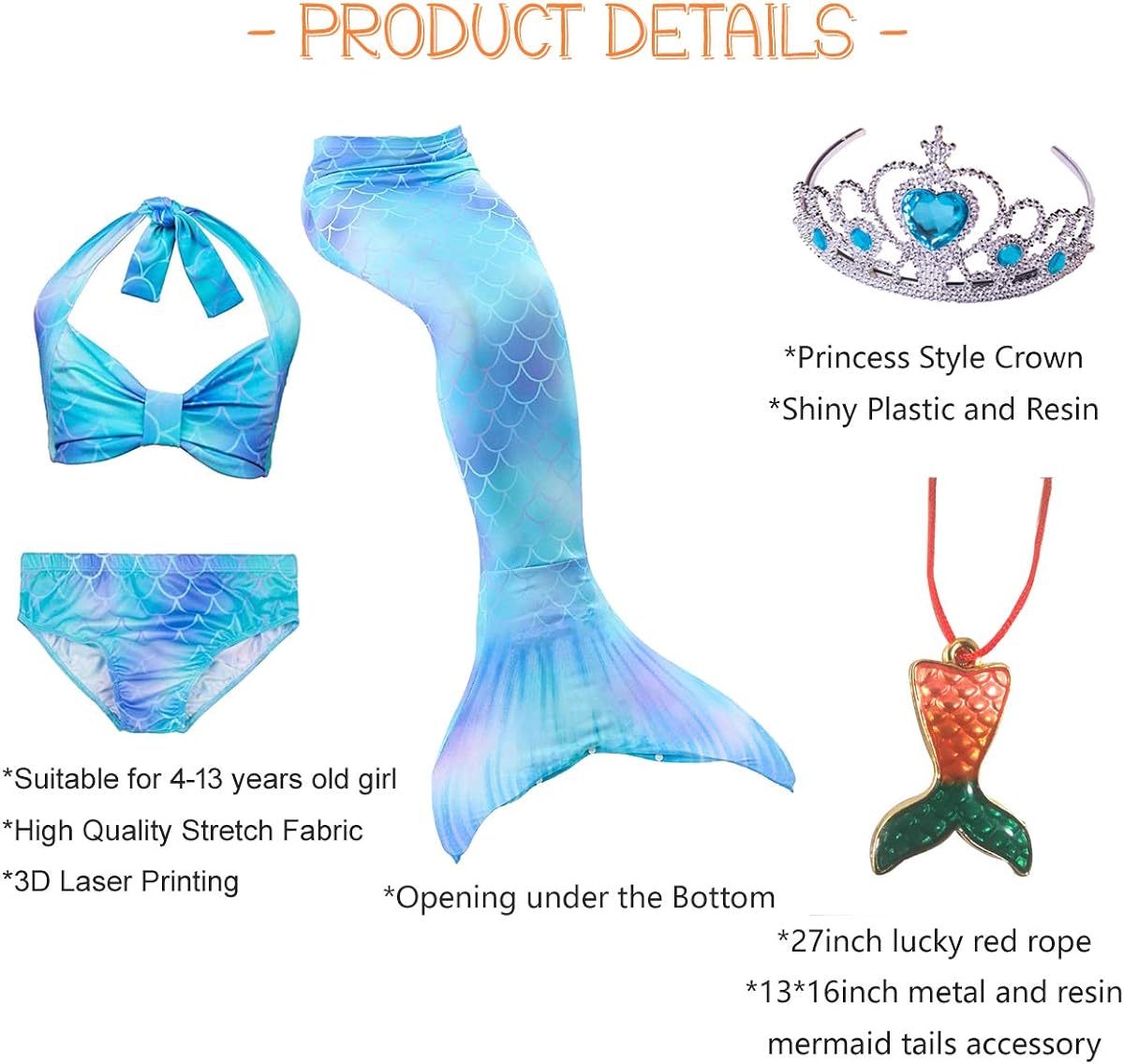 KESEPLEI Mermaid Swimsuit with Mermaid Tails for Swimming Bikini Bathing Suit for Girls 4-13Y,6Pcs