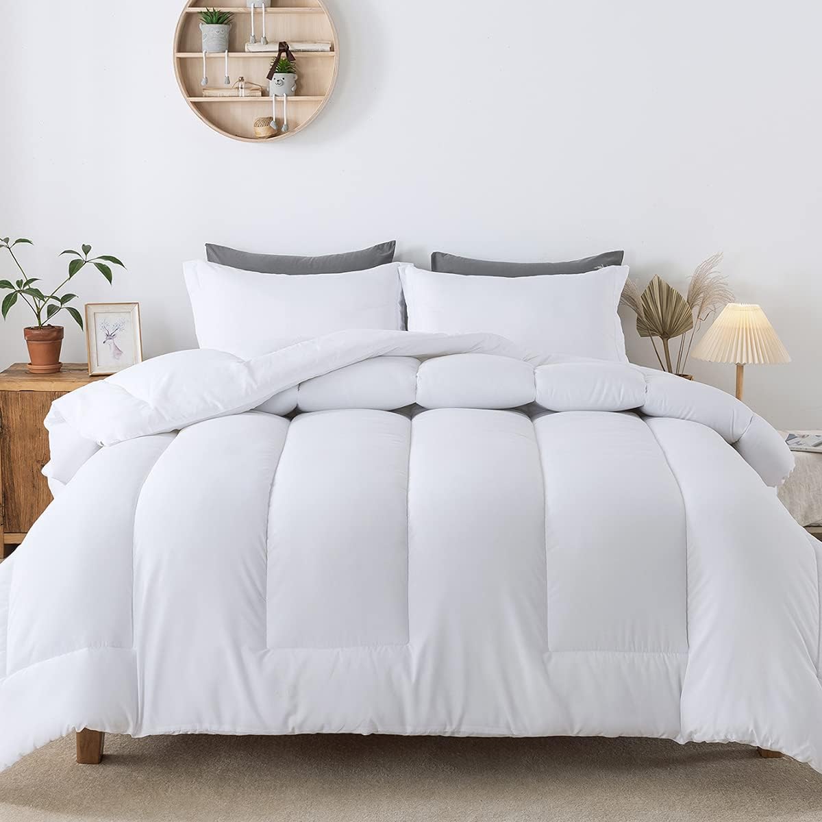 HYLEORY 3pc Comforter Set King Size with 2 Pillow Shams Machine Washable Cooling Down Alternative Bed Comforters Duvet Insert for All Season Lightweight White