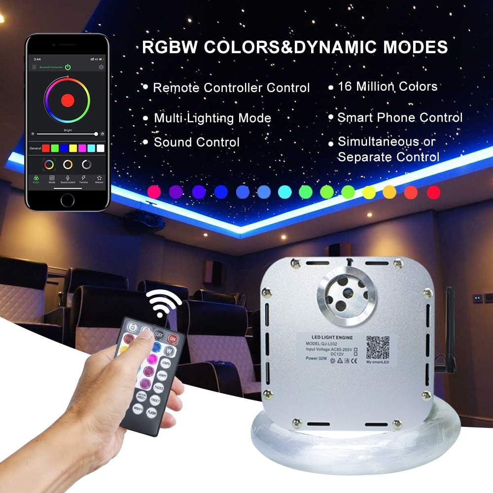 2020 New Upgrade Bluetooth 16W RGBW Fiber Optic Light Star Ceiling Kit APP/Remote Music Mode LED Starlight Headliner 0.03in+0.04in+0.06in 13.1ft Mixed 380pcs