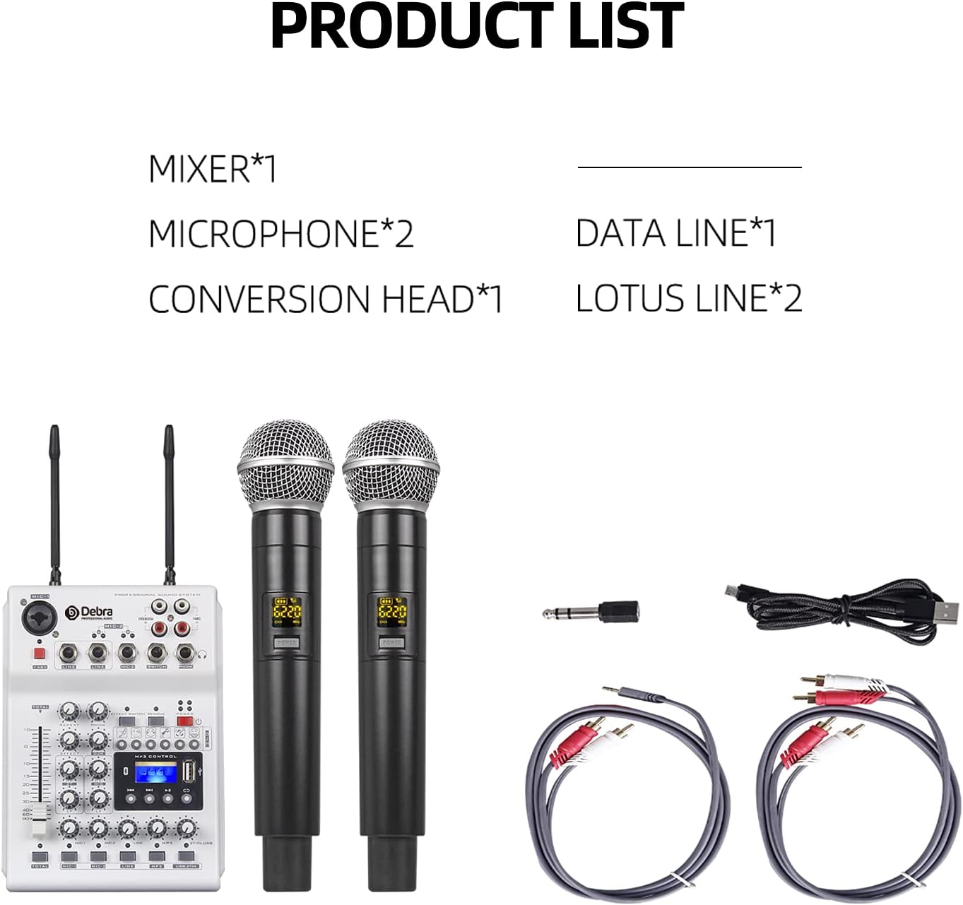 Debra Audio DJ Console Mixeur Carte son avec microphone sans fil UHF 2 canaux pour Home Studio Enregistrement DJ Réseau Live Karaoke