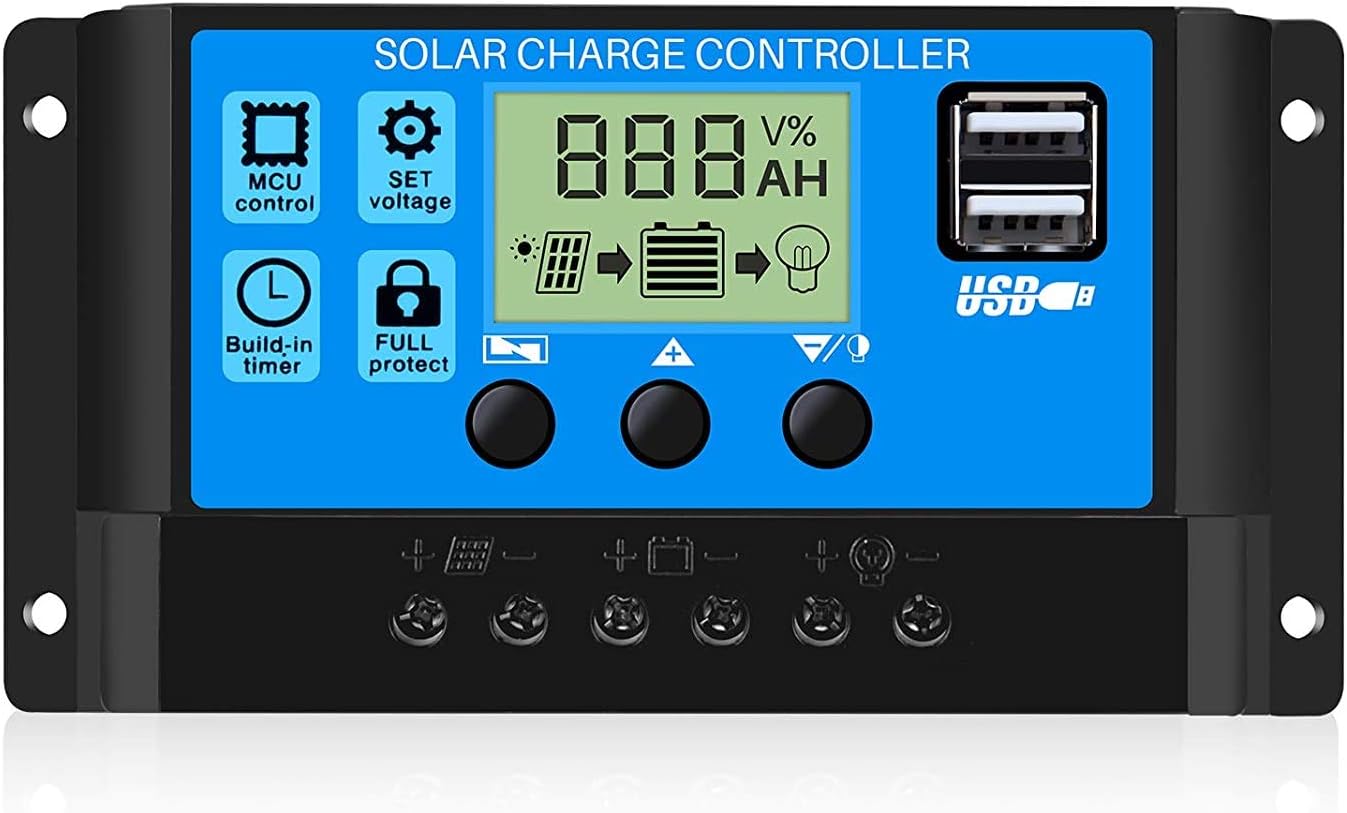 Sxstar 10A Solar Charge Controller,Solar Panel Battery Intelligent Regulator with USB Port Display Overload Protection Temperature Compensation 12V/24V 