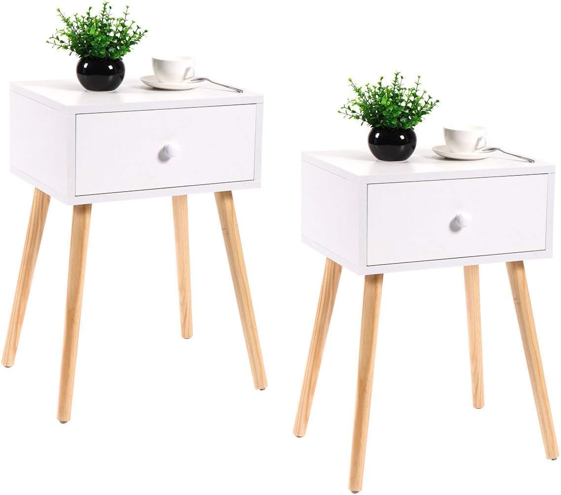 Nightstand End Table w/White Storage Drawer for Bedroom Living Room Office Home Furniture White JAXPETY Set of 2 Wooden Bedside Table Solid Wood Legs