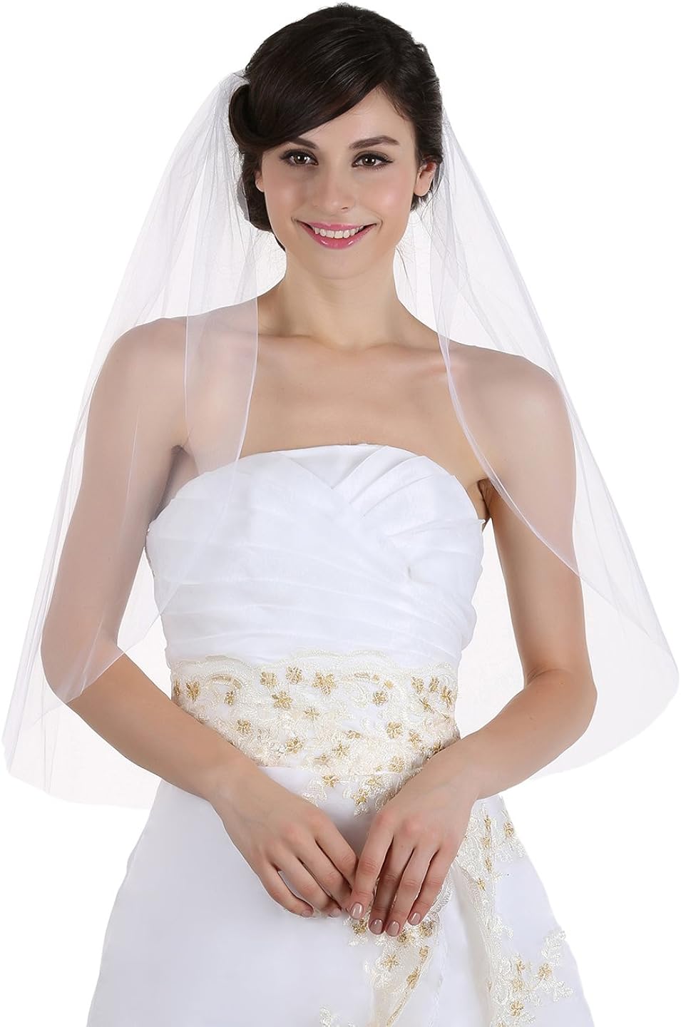 2T White Bridal Elbow Length Silver AB Beaded Scalloped Edge Wedding Veil 