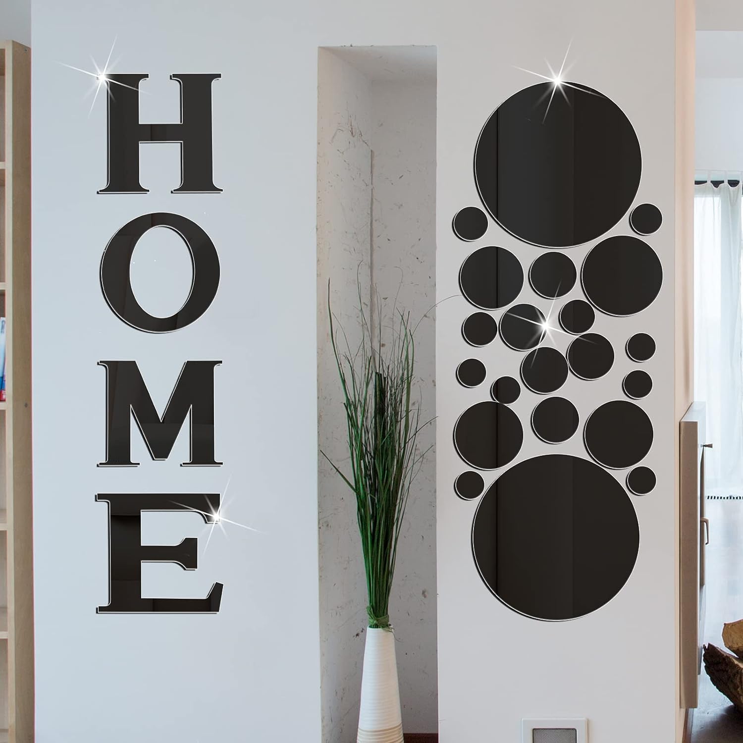 Home-Black Home Sign Letters Acrylic Mirror Wall Stickers Solid Circle Wall Stickers 3D Mirror Wall Decals DIY Removable Mirror Wall Stickers for Home Living Room Decoration 