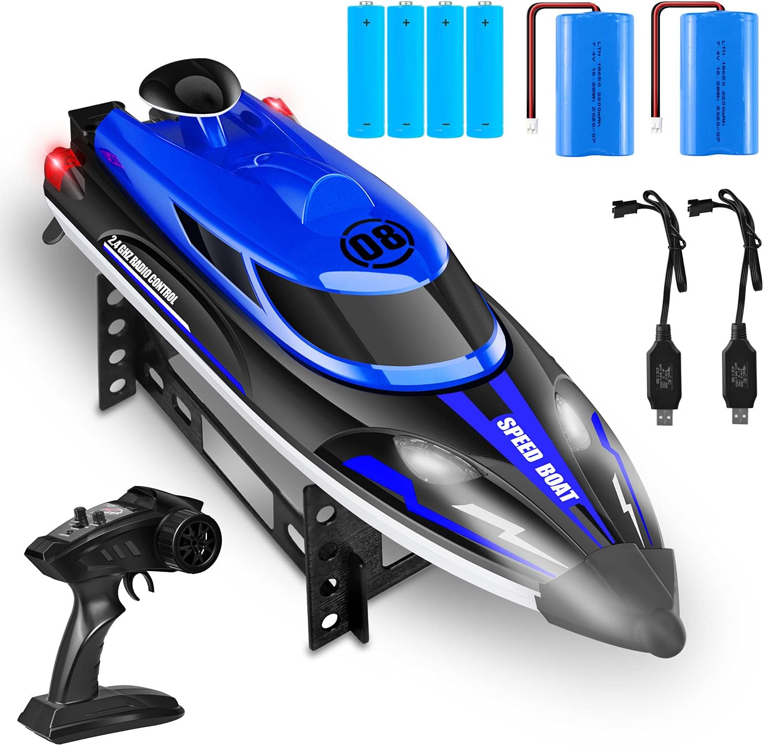 Red Capsize Recovery Remote Control Boat for Pools Lakes with 2 Rechargeable Battery 2.4 G RC Boat 20+ MPH Speed Radio Controlled Boats with LED Light for Adults Kids Low Battery Alarm