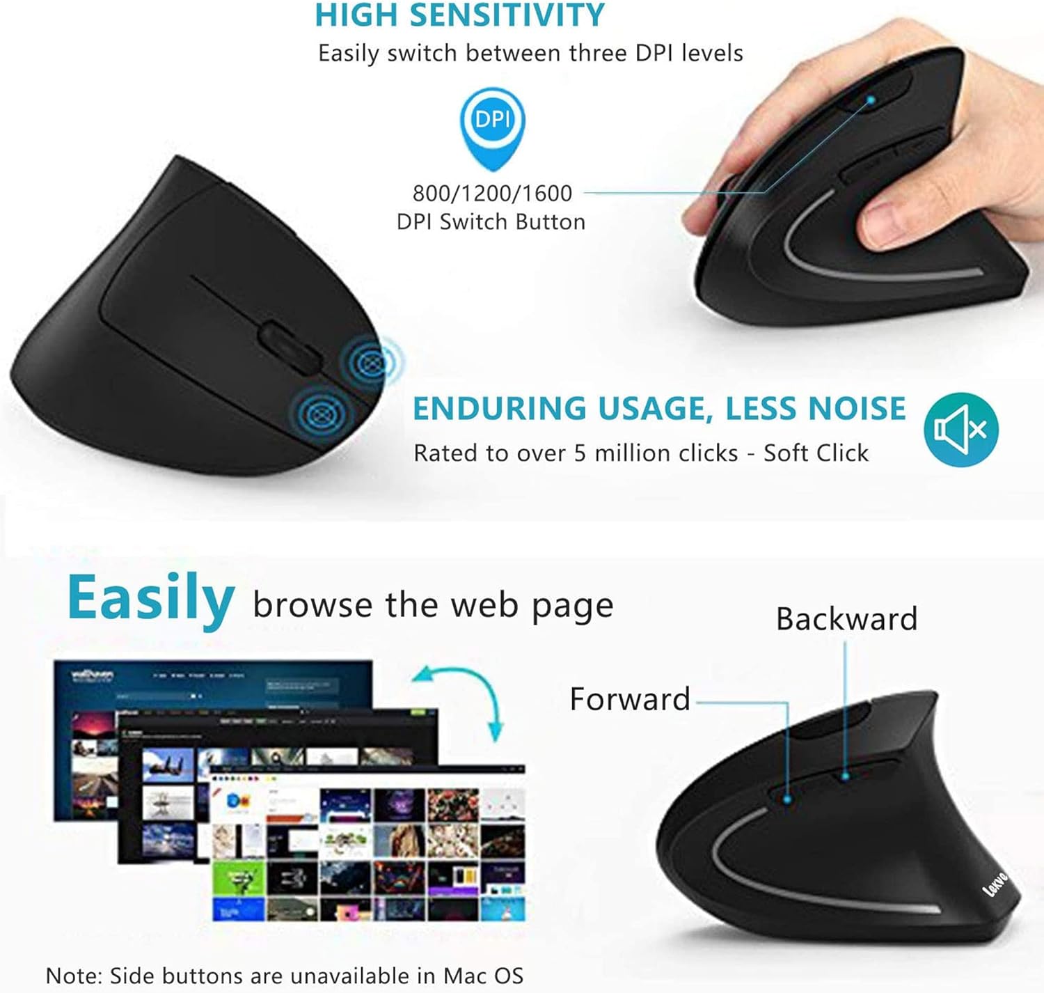 Vertical Mouse 6 Buttons for PC Laptop,Black 3 Adjustable DPI 800/1200/1600 Wireless Bluetooth Vertical Ergonomic Optical Mouse