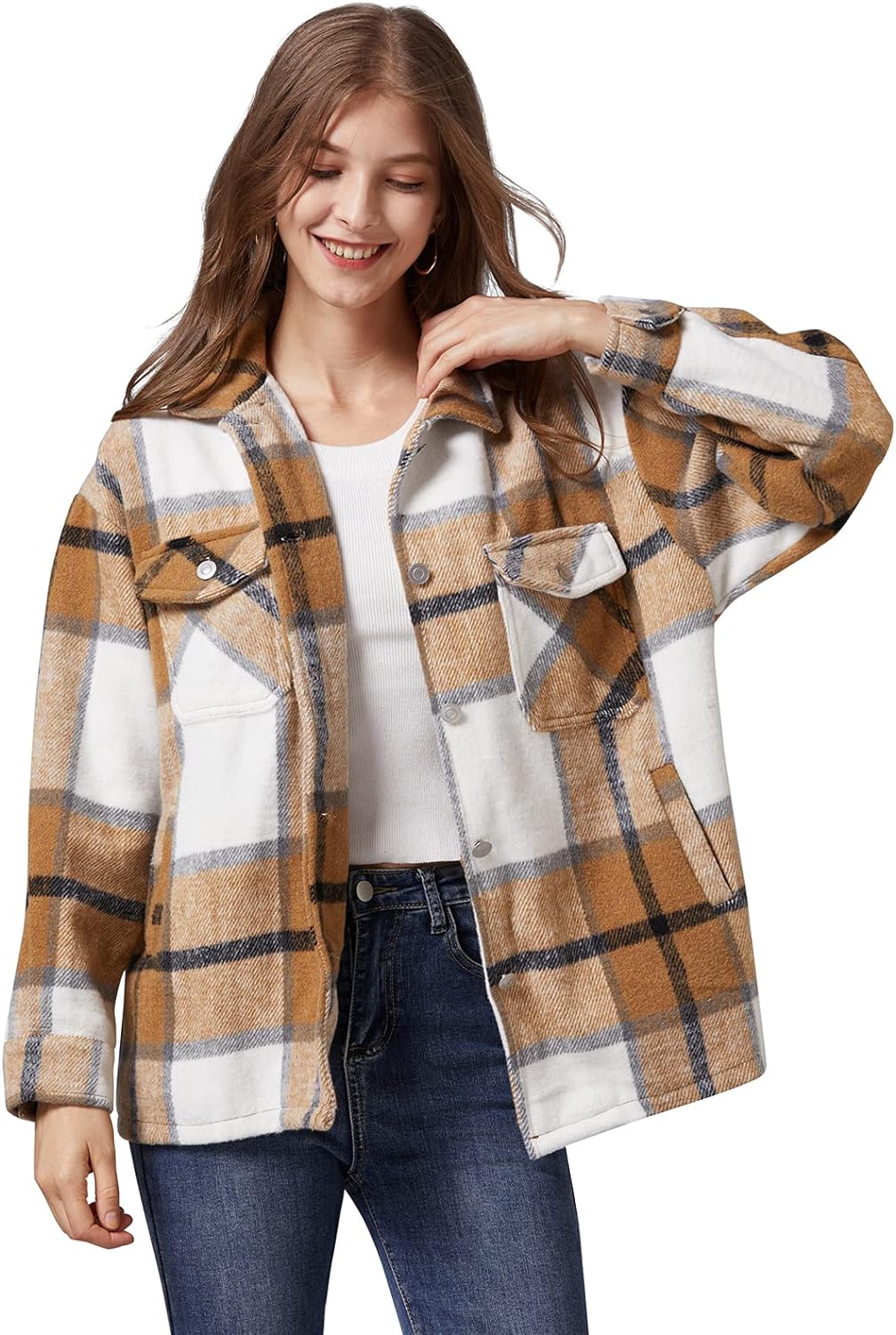 Liengoron Women Plaid Shacket Jacket Oversized Flannel Long Sleeve Plaid Shacket Shirt Jacket Button Down Plaid Shackets