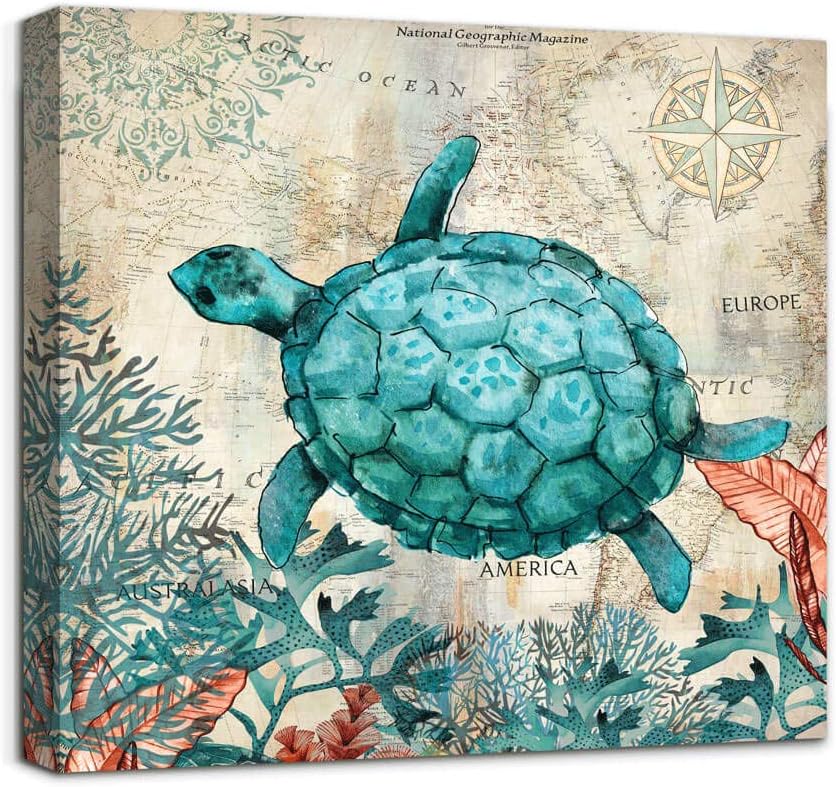 Beach Coastal Bathroom Wall Art Decor Canvas Print Sea Turtle Picture Framed Artwork Ready To Hang For Home Bedroom Living Room Decoration 14x14 In Stan B08131vs3j - Turtle Wall Art For Bathroom